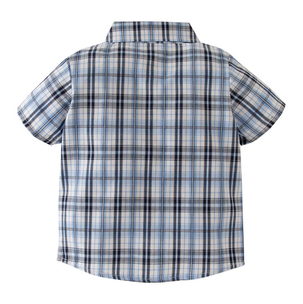 Fennco Styles - Blue Plaid Boy Cotton Button-Down Short-Sleeve Dress Shirt: 110/3-4T