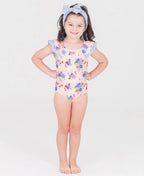 RuffleButts + RuggedButts - Girls Coastal Breeze Floral Bow V-Back One Piece Swimsuit: Pink / 18-24m