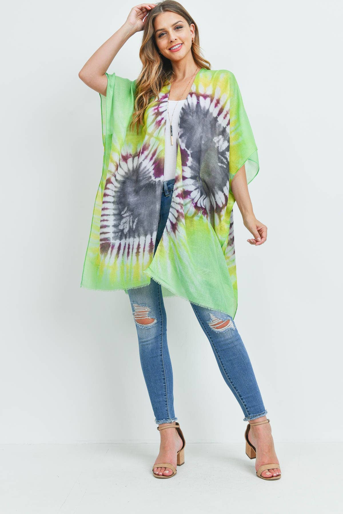 Love and Repeat - TIE-DYE OPEN FRONT KIMONO: GREEN