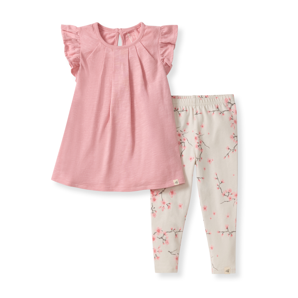 Burt's Bees Baby - Slub Tunic & Cherry Blossoms Pants Set featuring a soft pink tunic with flutter sleeves and cream leggings adorned with delicate cherry blossom prints, perfect for stylish kids clothing.