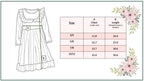 Measurement chart for a dress with floral decorations on a white background