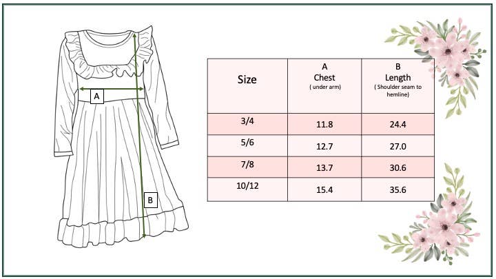Measurement chart for a dress with floral decorations on a white background