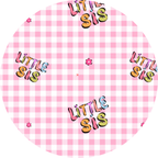 Pink checkered balloon with 'Little Sis' text in various colors on a white background