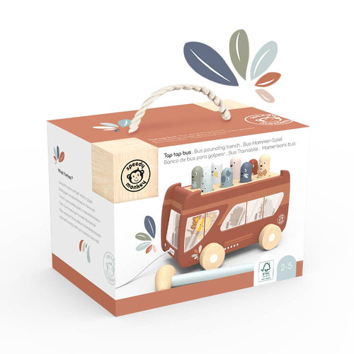 Packaging for Speedy Monkey - Bus Pounding Bench, a wooden bus-shaped toy with colorful pegs, designed for children ages 2-5, featuring a pull string and educational play elements.