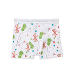 White boyshort underwear for kids with a colorful golf-themed print featuring green tees, red X's, flags, and golf clubs.