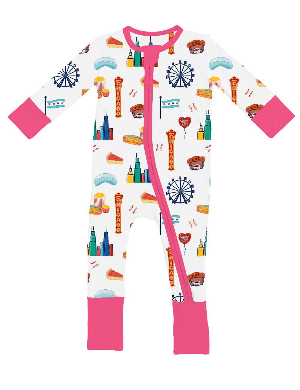 Convertible Footies - Bamboo - Pink Chicago featuring a colorful Chicago-themed print on soft, breathable fabric with pink trim, perfect for stylish kids clothing from a curated children’s boutique.