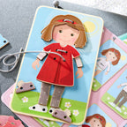 Dress Me Threading & Lacing Game featuring a wooden doll with interchangeable outfit pieces, encouraging fine motor skills and imaginative play in a stylish children’s boutique setting.