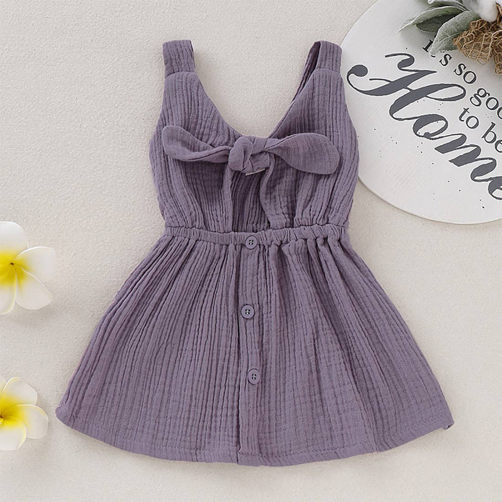 Fennco Styles - Front Tie Bowknot Gauze Cotton Girl Dress: Purple / 1-2T