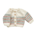 Cozy knit baby cardigan with pastel stripes and wooden buttons, perfect for layering in fall and spring seasons. The Blueberry Hill - Stripe Cardigan Pastel | Kid & Baby Sweater Fall Spring. Stylish Essentials for Little Ones & Moms.