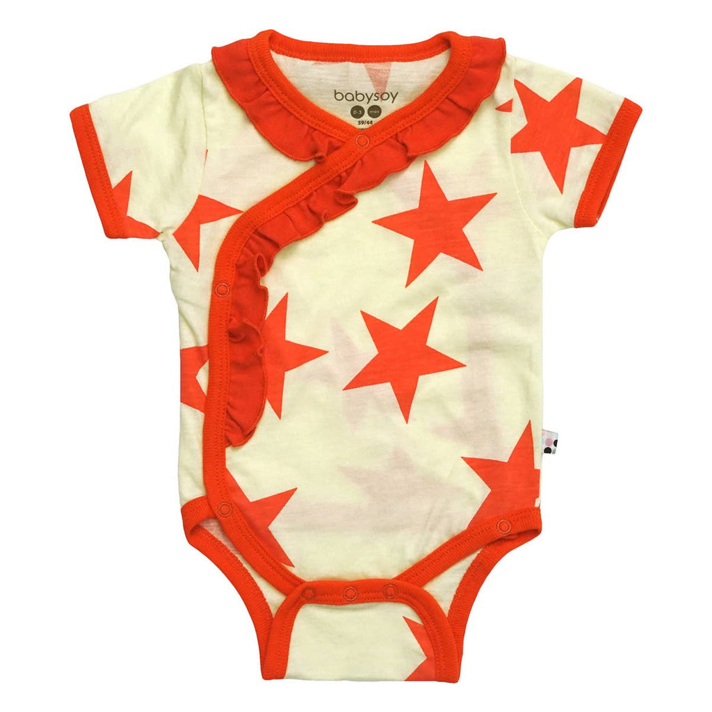 babysoy Inc - Pattern Short Sleeve Ruffle Bodysuit/Onesie: Coral / 3-6m