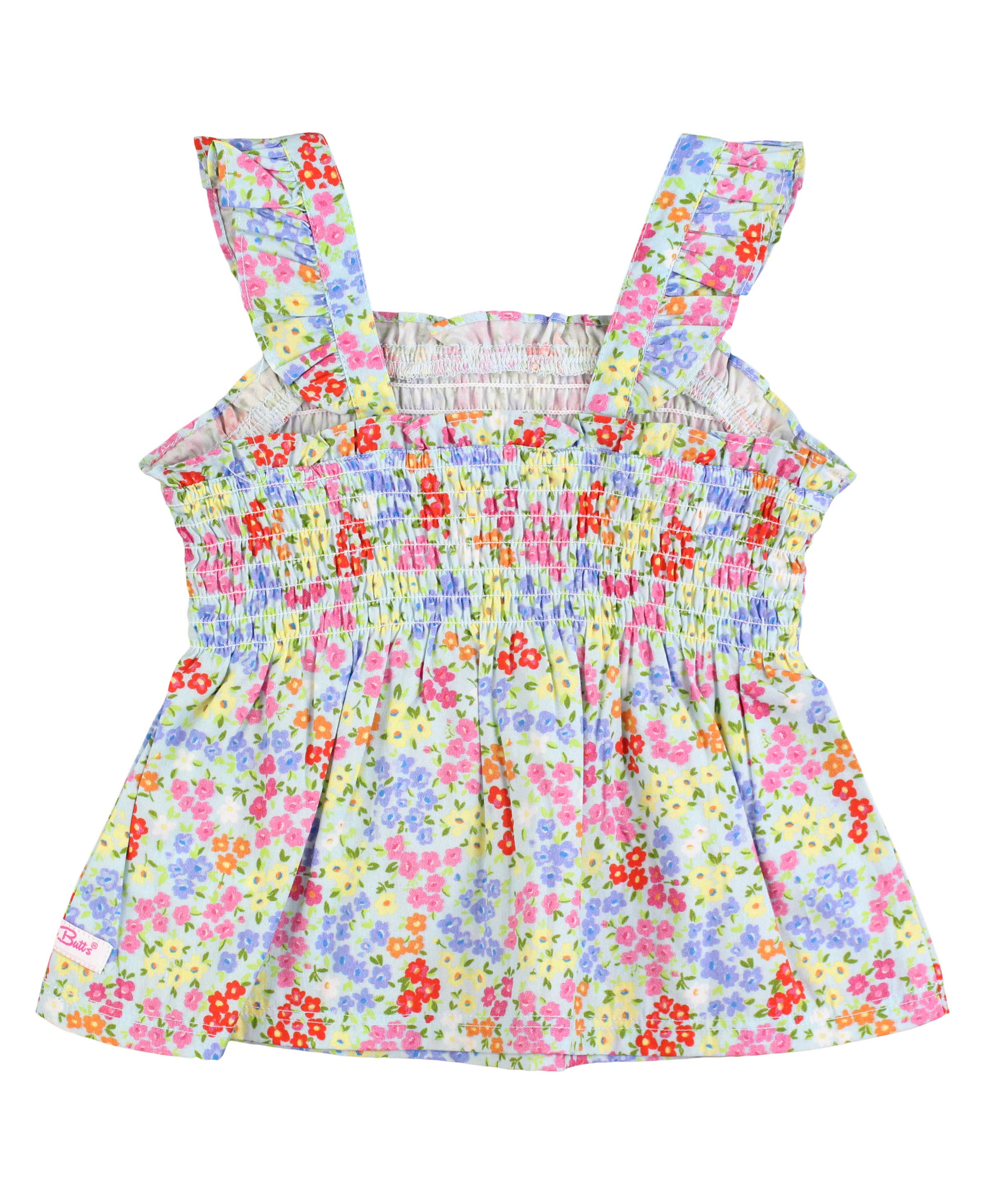 RuffleButts + RuggedButts - Girls Petaling Around Smocked Tank Top: Blue / 4T