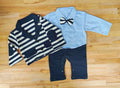 Stylish baby outfit featuring the Fennco Styles - Blue Stripe Tuxedo Boy Romper & Jacket with a blue shirt, striped bow tie, and coordinating black and white striped jacket, perfect for special occasions.