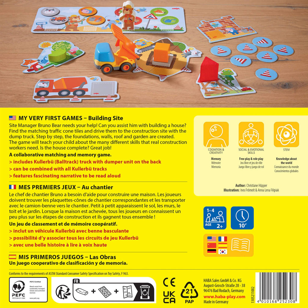 My Very First Games - Building Site educational toy set featuring colorful matching traffic cones, construction vehicles, and memory cards designed for collaborative play and skill development in toddlers.