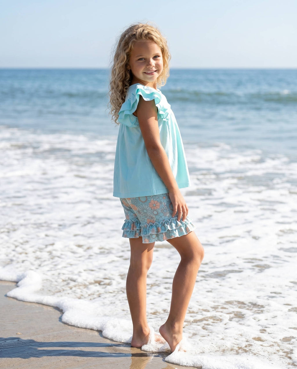 Sophia Light Teal Floral Ruffle Short Set
