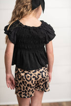 Adorable Sweetness - Girls Black Shirred Top & Leopard Print Bow Spring Short Set
