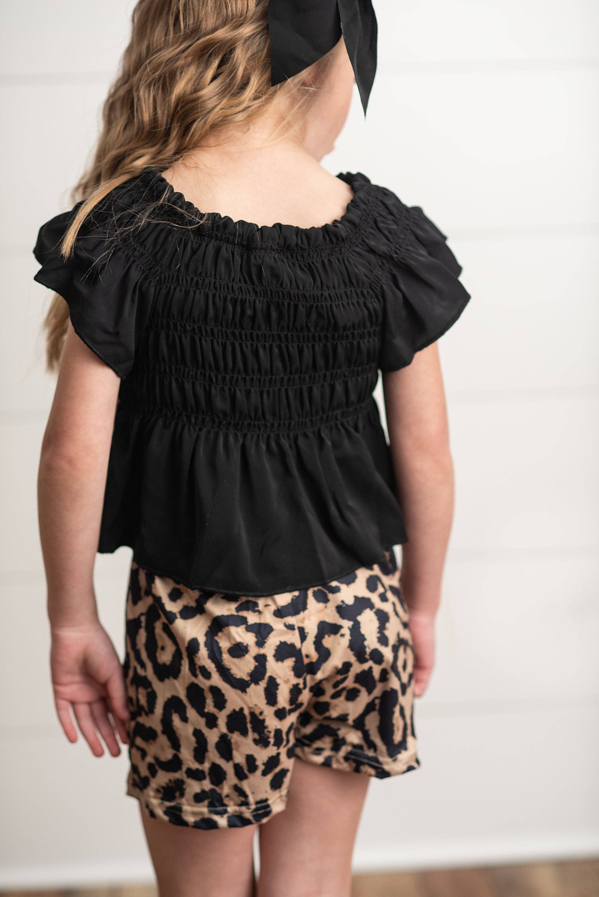 Adorable Sweetness - Girls Black Shirred Top & Leopard Print Bow Spring Short Set
