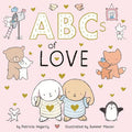 Cover of the ABCs of Love Board Book featuring adorable illustrated animals in soft pastel colors with hearts, promoting cozy baby essentials and educational toys at a curated children’s boutique.