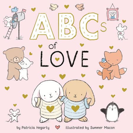 Cover of the ABCs of Love Board Book featuring adorable illustrated animals in soft pastel colors with hearts, promoting cozy baby essentials and educational toys at a curated children’s boutique.