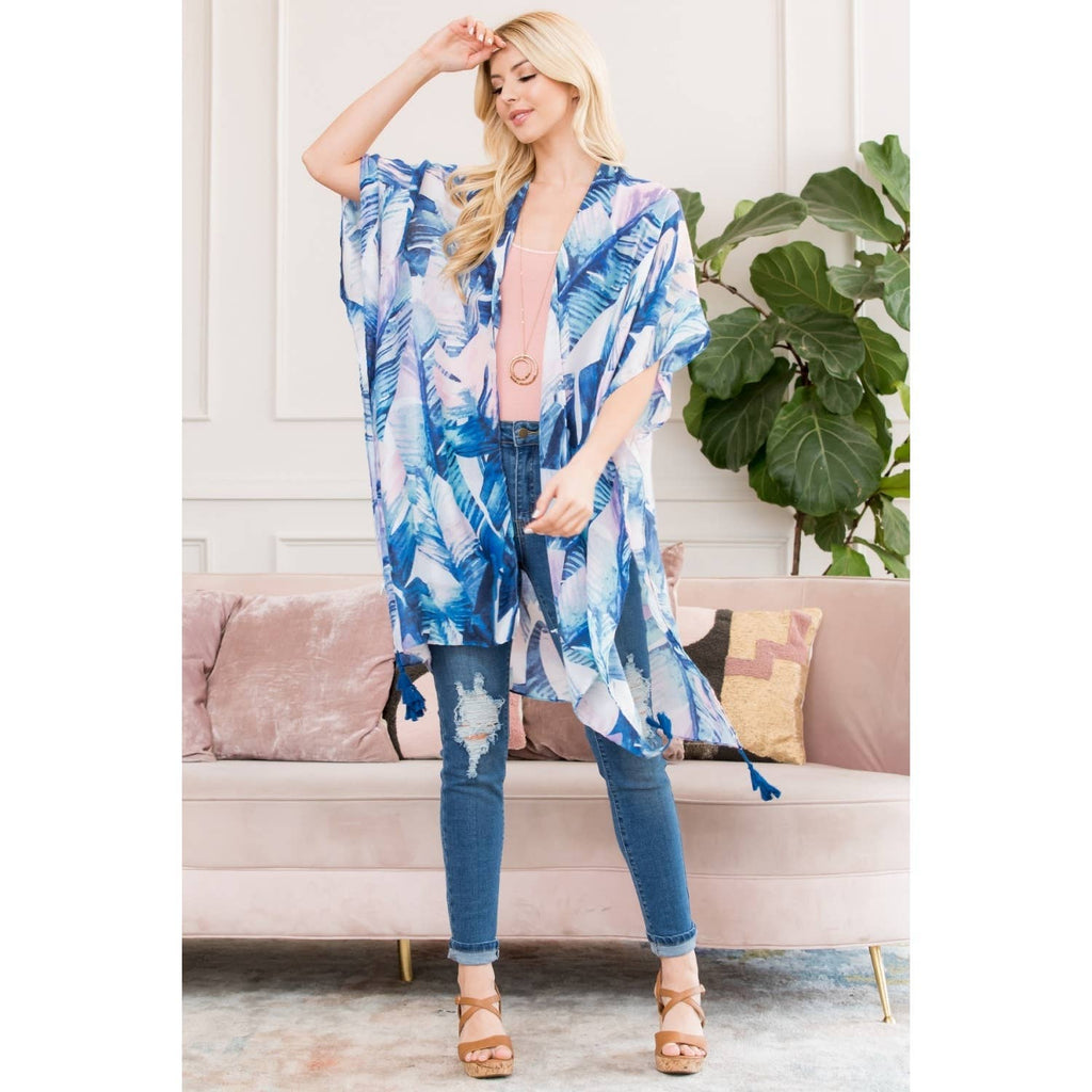 Love and Repeat - BOTANICAL LEAF PRINTED KIMONO: BLUE MULTI