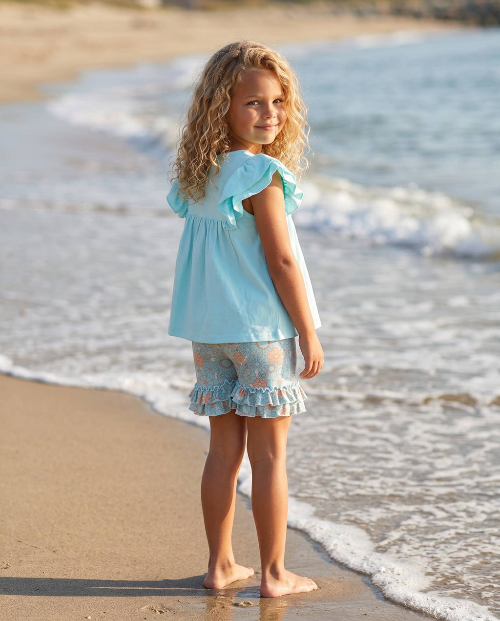 Sophia Light Teal Floral Ruffle Short Set