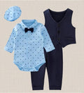 Fennco Styles - Baby Boy Blue Tuxedo 4pcs Formal Wear Outfit featuring a light blue patterned bodysuit with bow tie, navy vest, pants, and matching cap, perfect for stylish kids clothing.