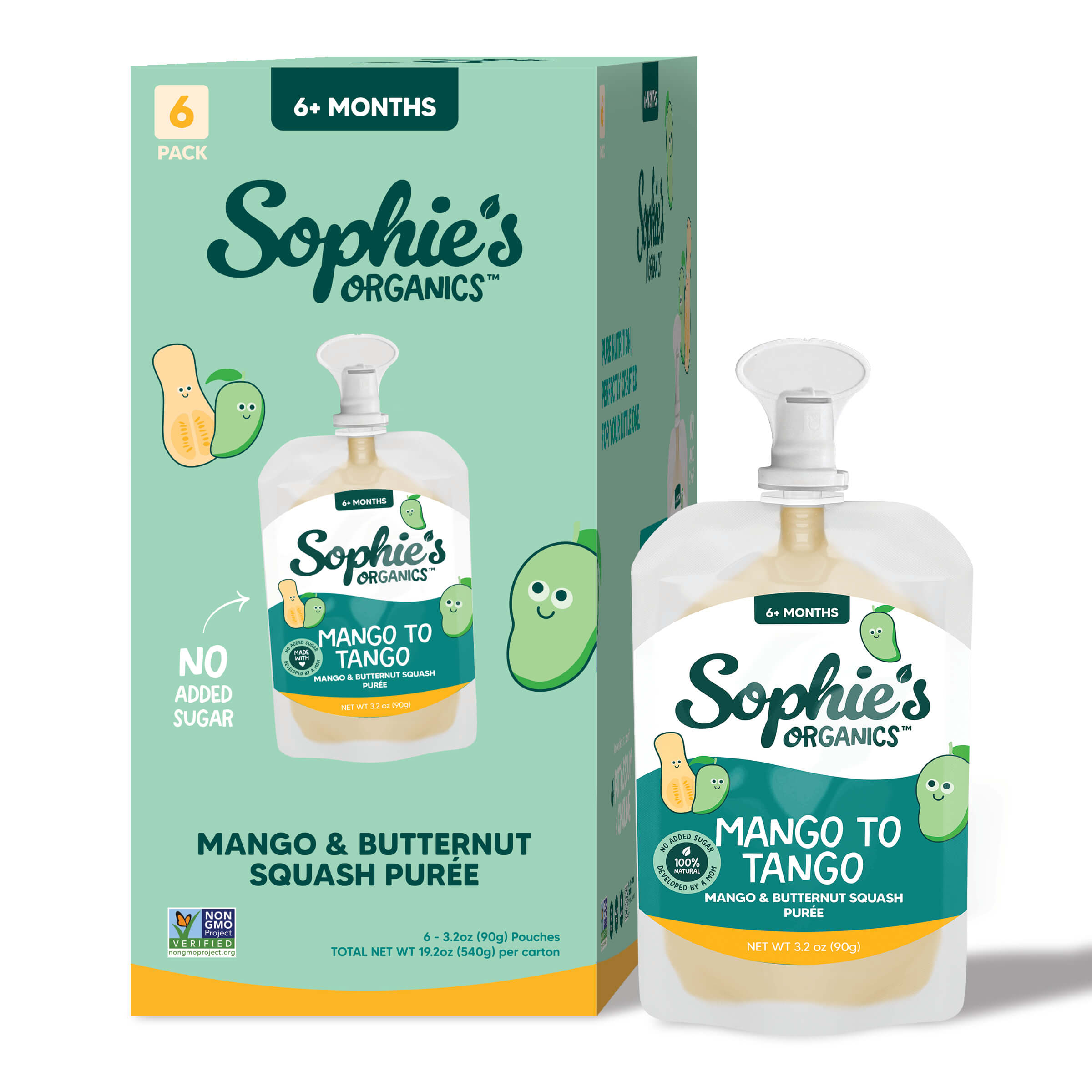 Sophie's Organics - Mango To Tango (6-pack) featuring mango and butternut squash purée in eco-friendly pouches, perfect for babies 6 months and older from a curated children’s boutique.