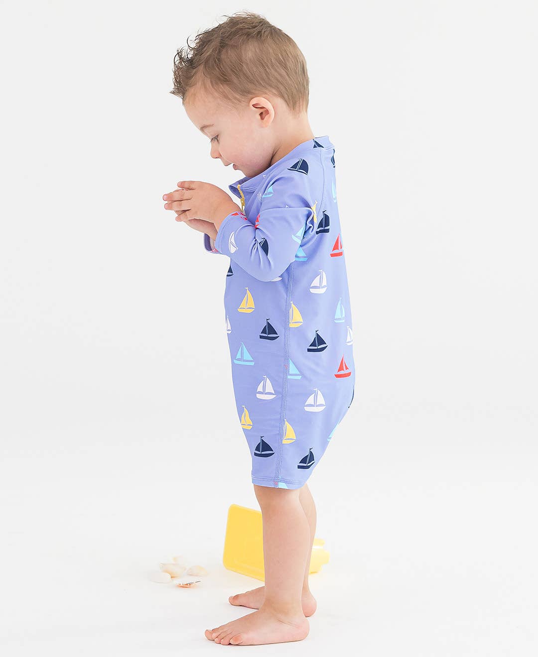 RuffleButts + RuggedButts - Baby Boys Down By The Bay Long Sleeve One Piece Rash Guard Swimsuit: Blue / 12-18m