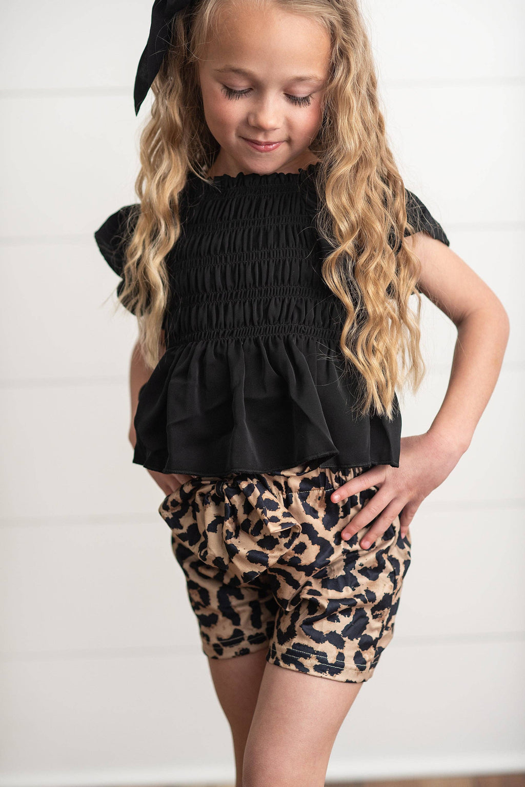 Adorable Sweetness - Girls Black Shirred Top & Leopard Print Bow Spring Short Set