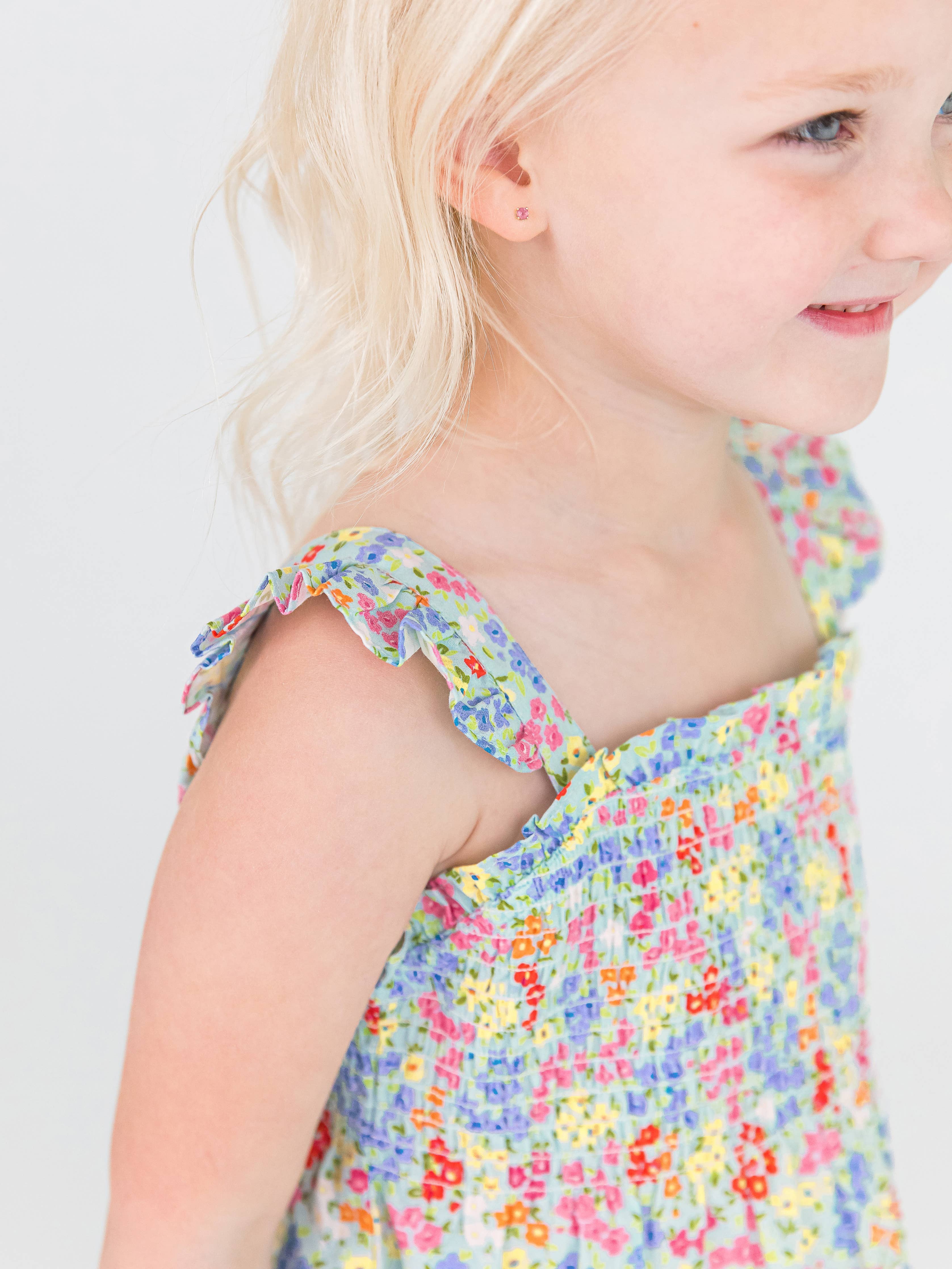 RuffleButts + RuggedButts - Girls Petaling Around Smocked Tank Top: Blue / 6-12m