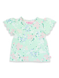 RuffleButts + RuggedButts - Girls Mint Meadow Scallop Tee: Green with pink and purple floral pattern, scalloped short sleeves, soft breathable fabric for stylish kids clothing.