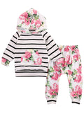 Fennco Styles - Pink Floral Striped Baby Hoodie & Pants featuring black and white stripes with vibrant pink floral accents, cozy and stylish baby outfit perfect for everyday comfort.