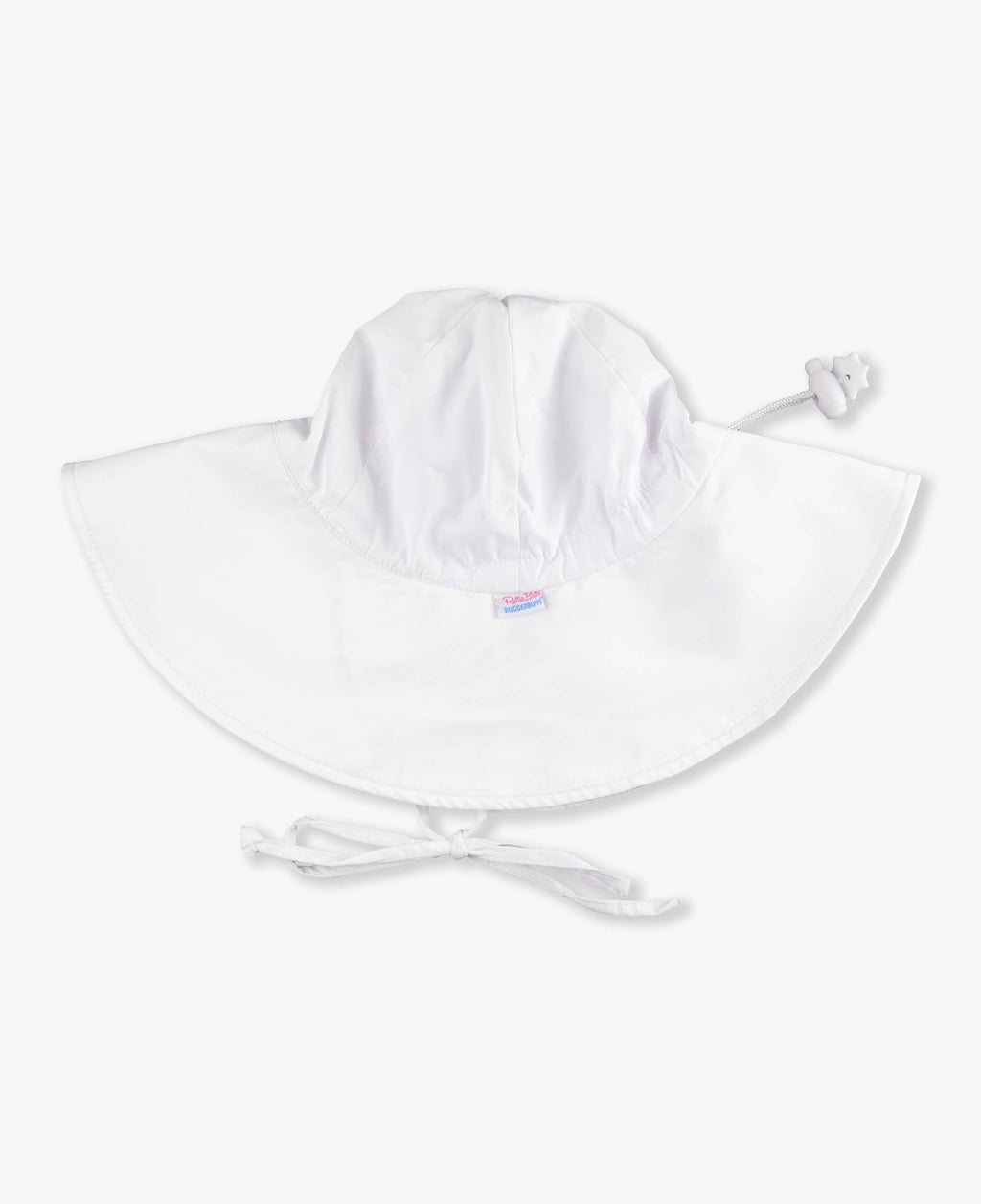 White wide-brim hat designed to shield kids from the sun, featuring adjustable straps and soft fabric for comfortable wear, called RuffleButts + RuggedButts - Kids Sun Protective Hat.