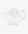 White wide-brim hat designed to shield kids from the sun, featuring adjustable straps and soft fabric for comfortable wear, called RuffleButts + RuggedButts - Kids Sun Protective Hat.