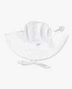 White wide-brim hat designed to shield kids from the sun, featuring adjustable straps and soft fabric for comfortable wear, called RuffleButts + RuggedButts - Kids Sun Protective Hat.