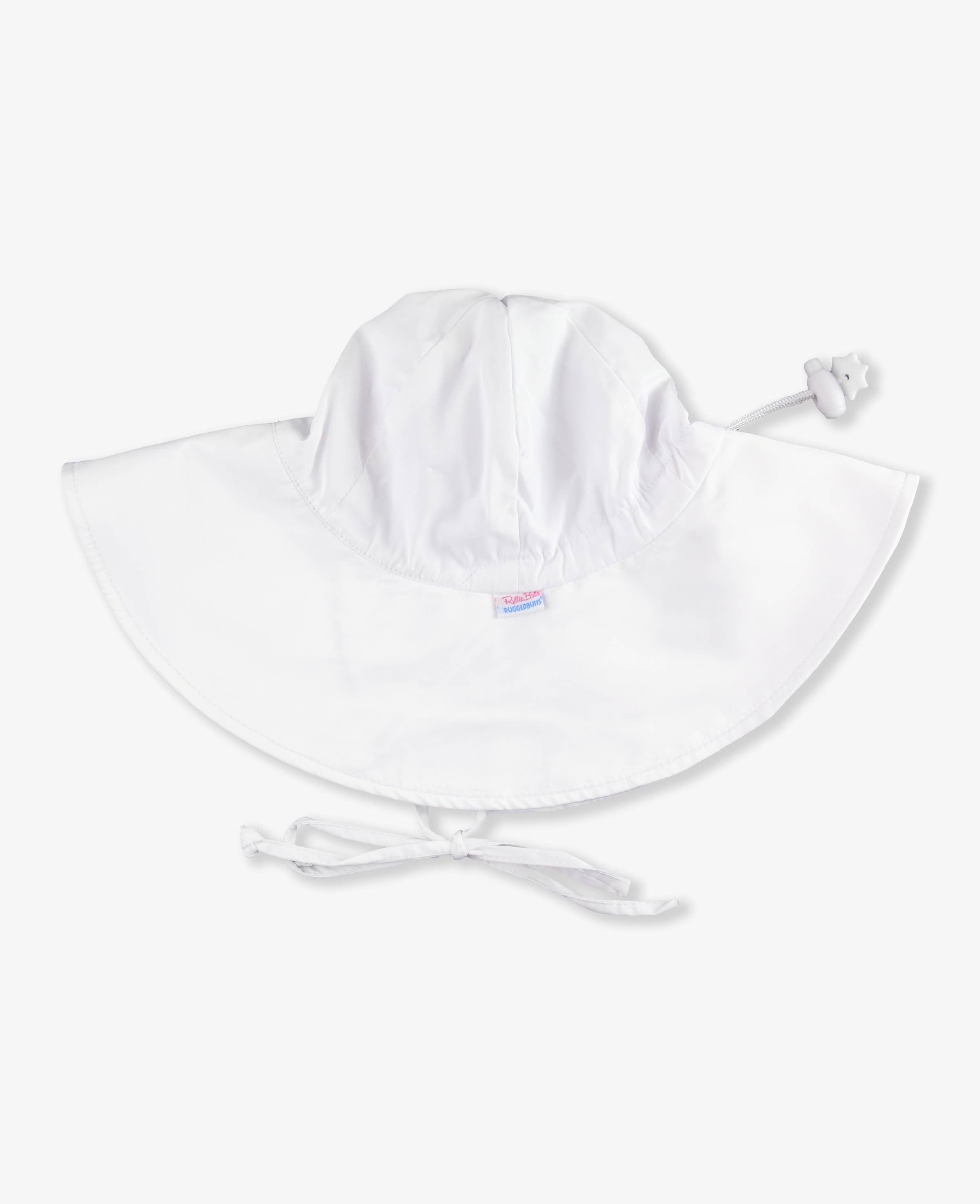 White wide-brim hat designed to shield kids from the sun, featuring adjustable straps and soft fabric for comfortable wear, called RuffleButts + RuggedButts - Kids Sun Protective Hat.