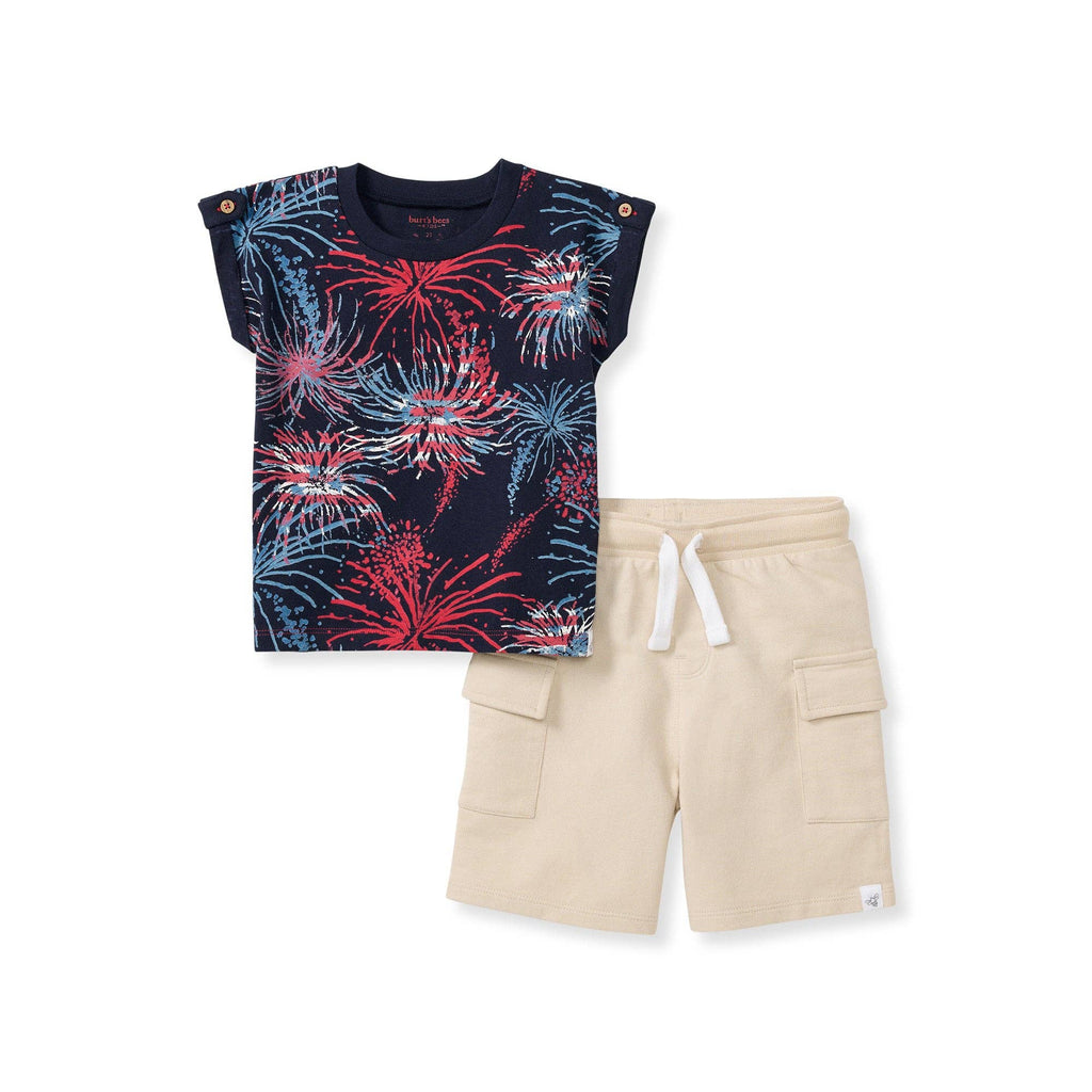 Burt's Bees Baby - Celebrate America Toddler Boys Shirt Only with navy blue fabric featuring red and light blue fireworks pattern, paired with beige shorts with pockets, perfect for stylish kids clothing curated children’s boutique.