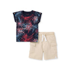 Burt's Bees Baby - Celebrate America Toddler Boys Shirt Only with navy blue fabric featuring red and light blue fireworks pattern, paired with beige shorts with pockets, perfect for stylish kids clothing curated children’s boutique.