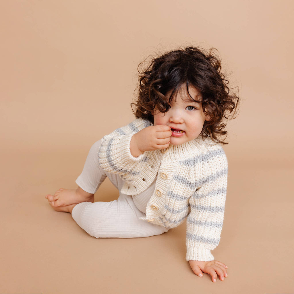 The Blueberry Hill - Rib Knit Stripe Cardigan, Bowie Grey Baby Kid Sweater Basics: S; 12-24m