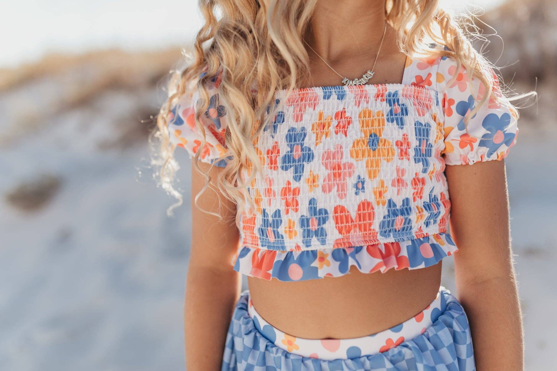 Adorable Sweetness - Girls Retro Checkered Flower Power 2 Piece Skirted Swimsuit