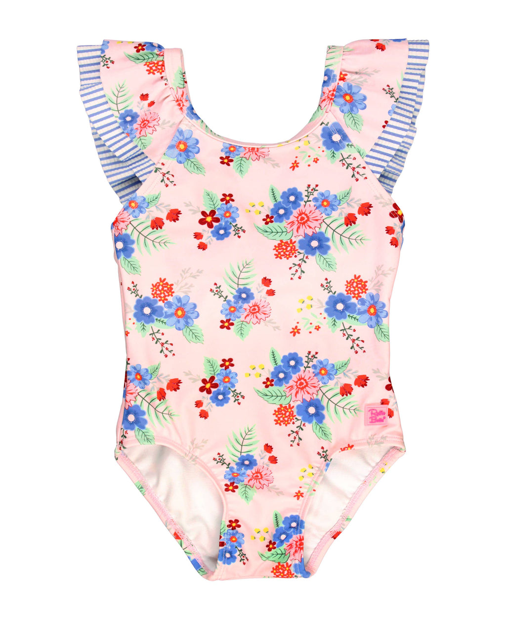 RuffleButts + RuggedButts - Girls Coastal Breeze Floral Bow V-Back One Piece Swimsuit: Pink / 18-24m