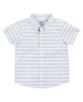RuffleButts + RuggedButts - Boys Riding the Waves Button Collar Short Sleeve Button Down Shirt: Blue features a stylish, breathable patterned fabric perfect for toddler clothing in a curated children’s boutique collection.