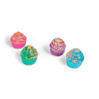Four colorful cupcake-shaped squishies with sprinkles on a white background