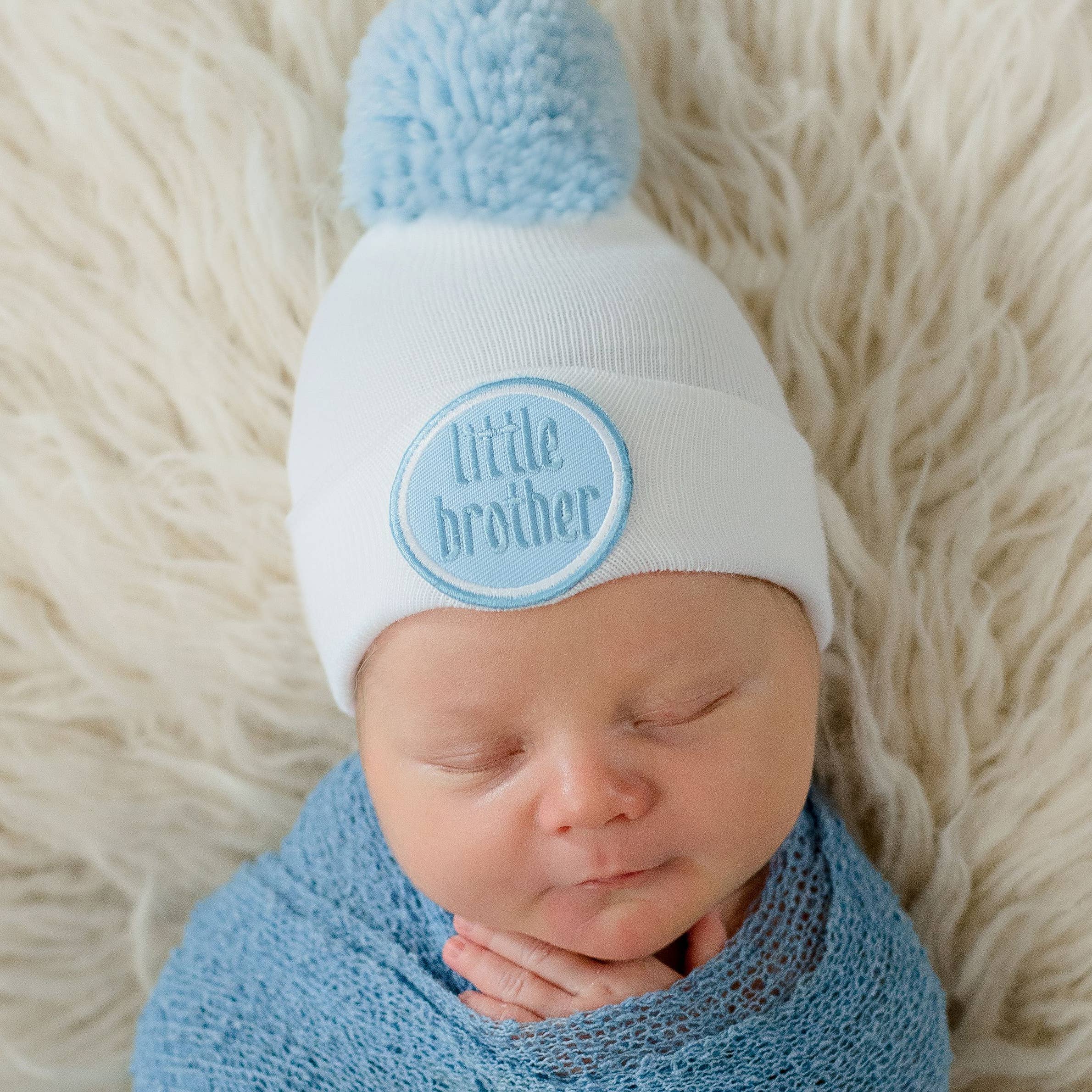 ilybean - White Little Brother Newborn Boy Hospital Hat Handmade Pom: 0-3m