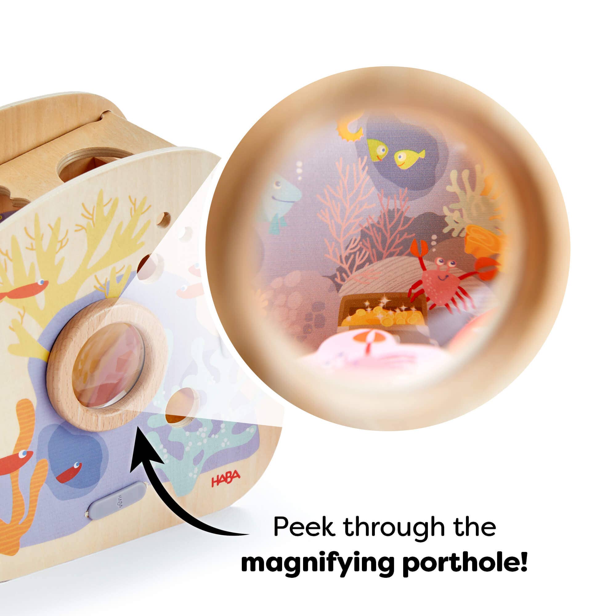 Underwater World Wooden Shape Sorter featuring a child-friendly magnifying porthole showcasing colorful underwater sea creatures for imaginative play and educational fun.