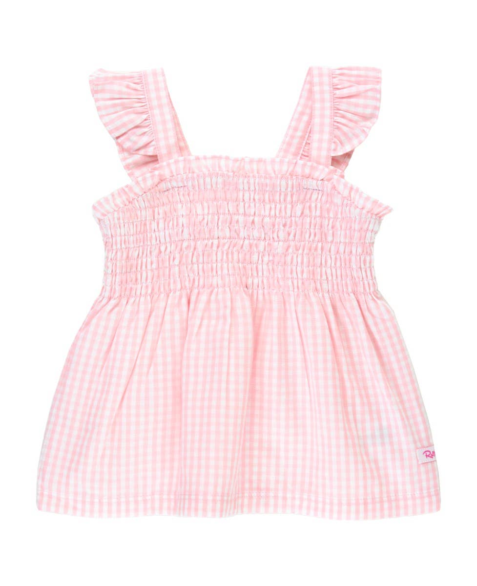 RuffleButts + RuggedButts - Girls Pink Gingham Smocked Tank Top: Pink / 2T
