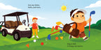 Illustrated page from the Golf Baby Board Book showing two children with golf clubs and a golf cart on a sunny day, part of a curated children’s boutique collection.