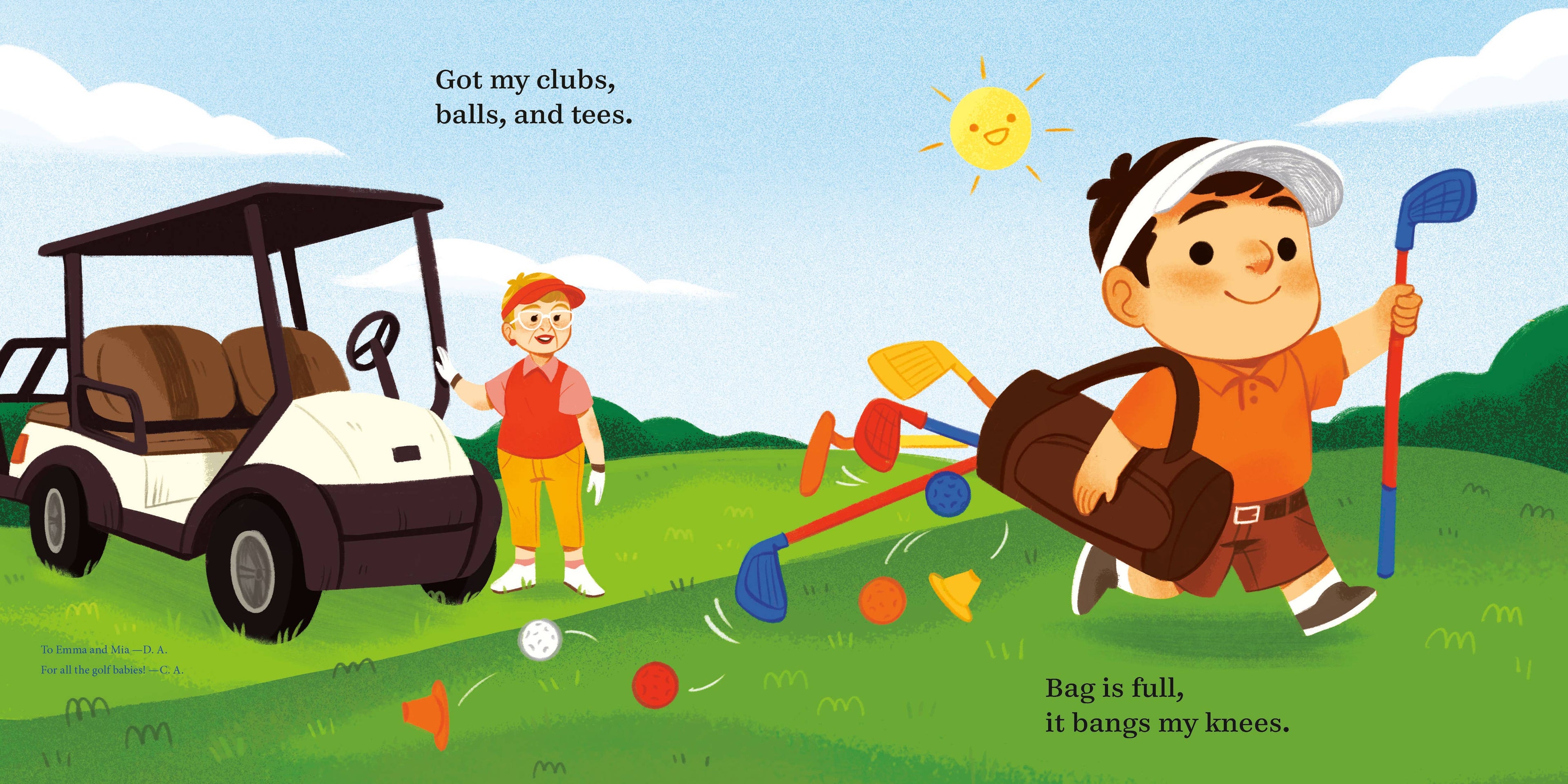 Illustrated page from the Golf Baby Board Book showing two children with golf clubs and a golf cart on a sunny day, part of a curated children’s boutique collection.