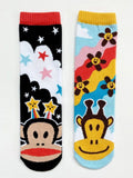 Pair of colorful kids socks featuring playful monkey and giraffe designs with stars and smiling flowers, perfect for fun and comfort in stylish kids clothing, Pals Socks - Julius & Clancy Fun Grippy Kids Socks (Limited Edition).