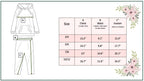 Size chart for a children's outfit with floral decorations on a white background