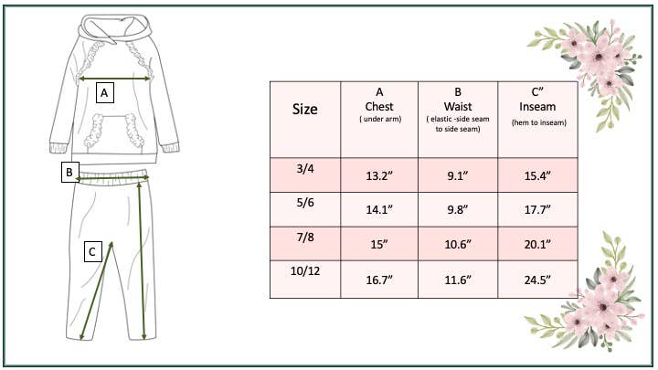 Size chart for a children's outfit with floral decorations on a white background